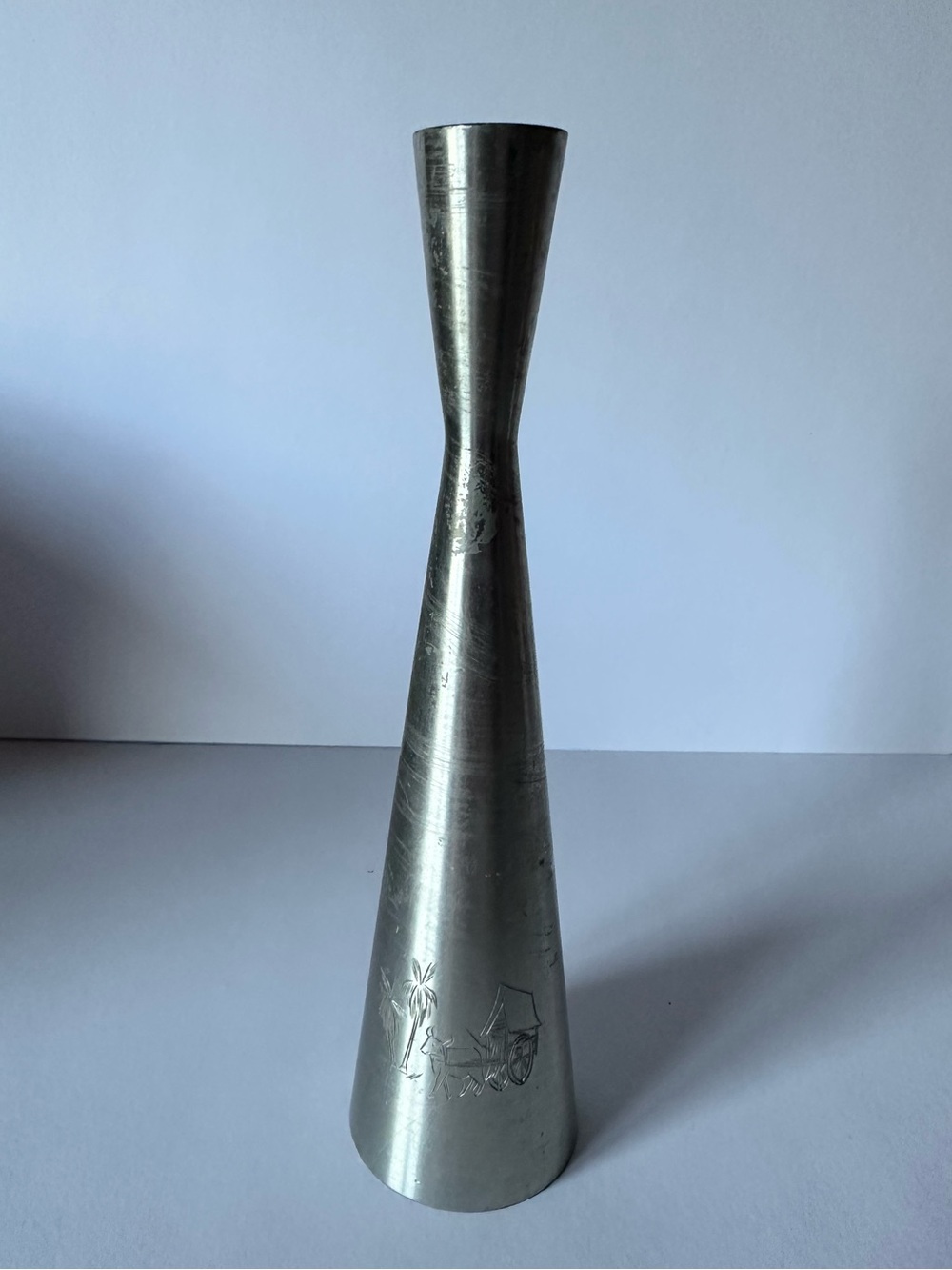 Selangor Pewter Malaya Brushed Bud Vase with Etched Palm Trees & Donkey Cart